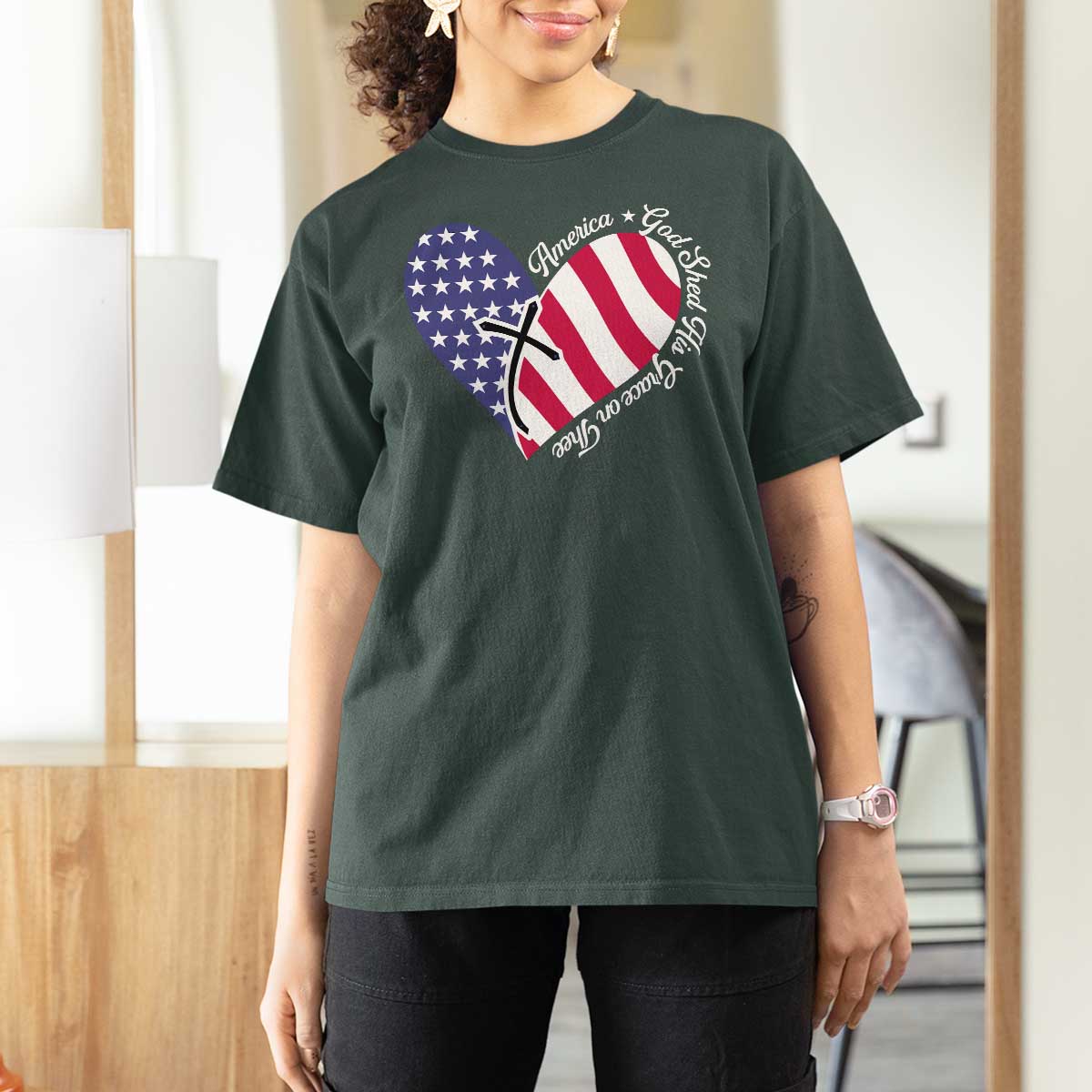 America God Shed His Grace on Thee 4th of July T Shirt For Women Patriotic American Flag Cross - Wonder Print Shop