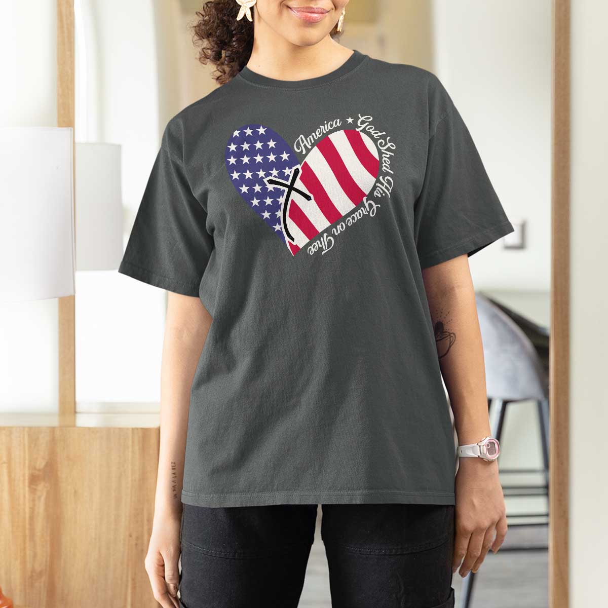 America God Shed His Grace on Thee 4th of July T Shirt For Women Patriotic American Flag Cross - Wonder Print Shop