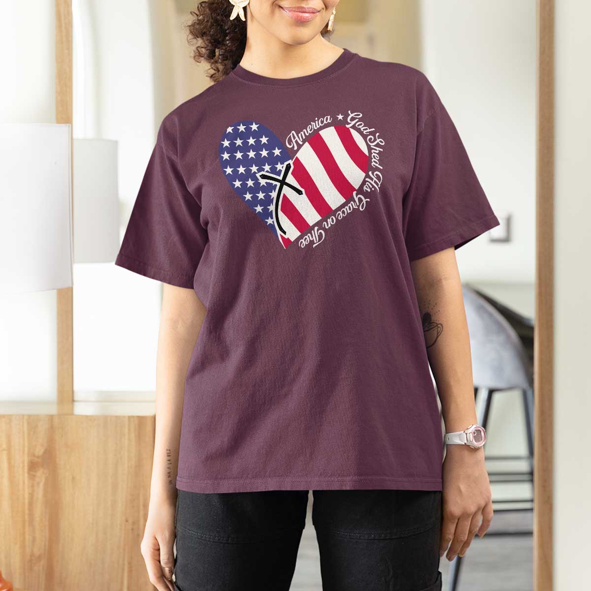 America God Shed His Grace on Thee 4th of July T Shirt For Women Patriotic American Flag Cross - Wonder Print Shop
