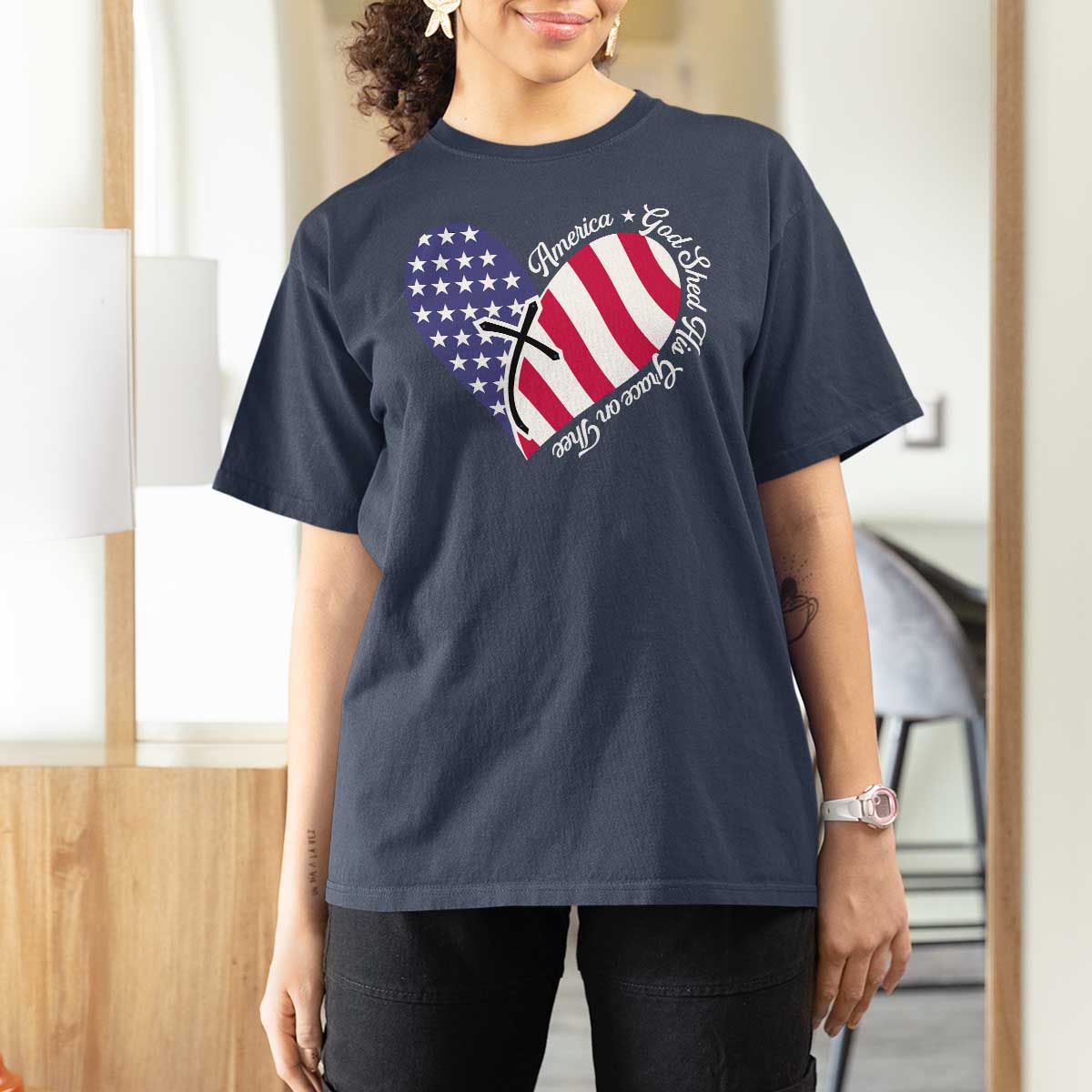 America God Shed His Grace on Thee 4th of July T Shirt For Women Patriotic American Flag Cross - Wonder Print Shop