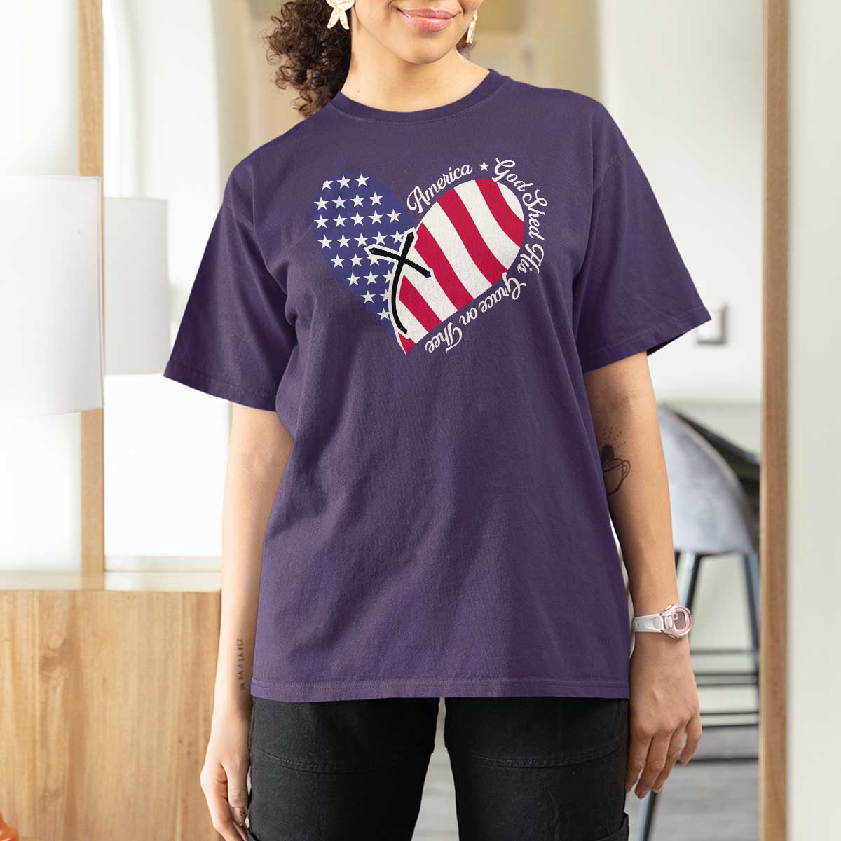 America God Shed His Grace on Thee 4th of July T Shirt For Women Patriotic American Flag Cross - Wonder Print Shop