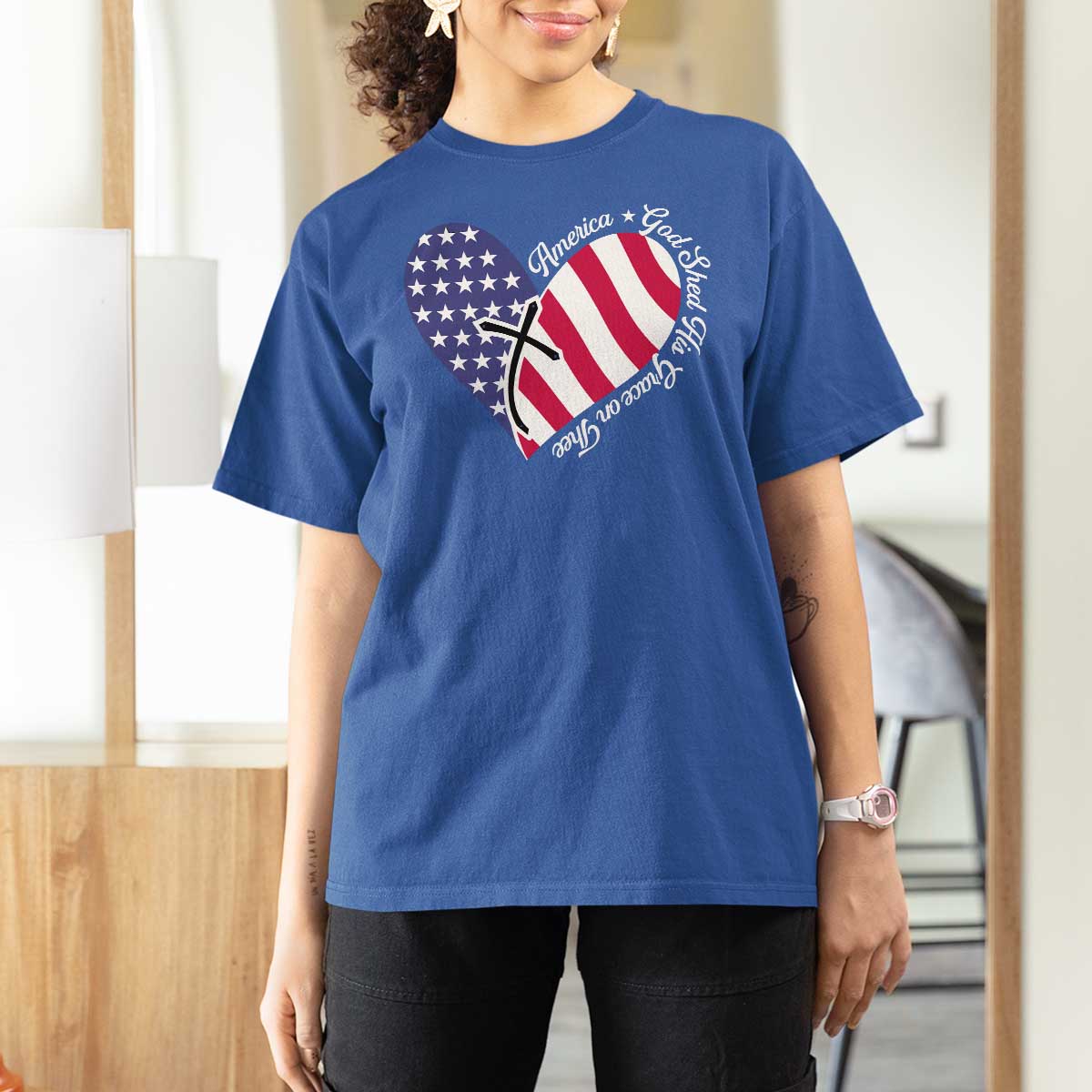 America God Shed His Grace on Thee 4th of July T Shirt For Women Patriotic American Flag Cross - Wonder Print Shop
