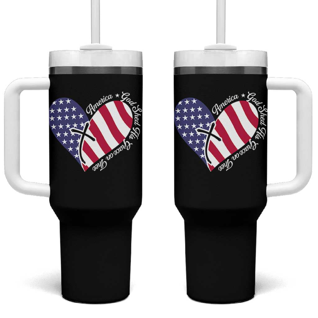 America God Shed His Grace on Thee 4th of July Tumbler With Handle Patriotic American Flag Cross - Wonder Print Shop