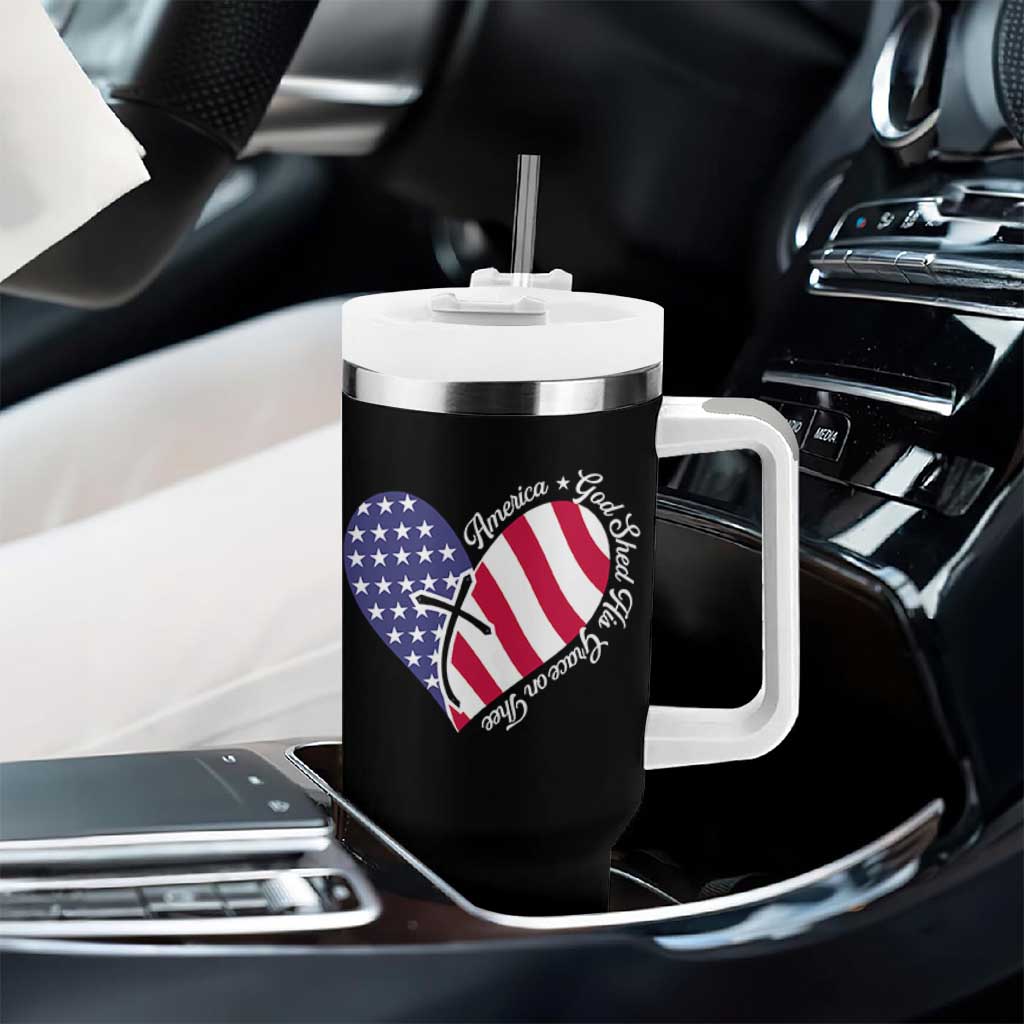 America God Shed His Grace on Thee 4th of July Tumbler With Handle Patriotic American Flag Cross - Wonder Print Shop