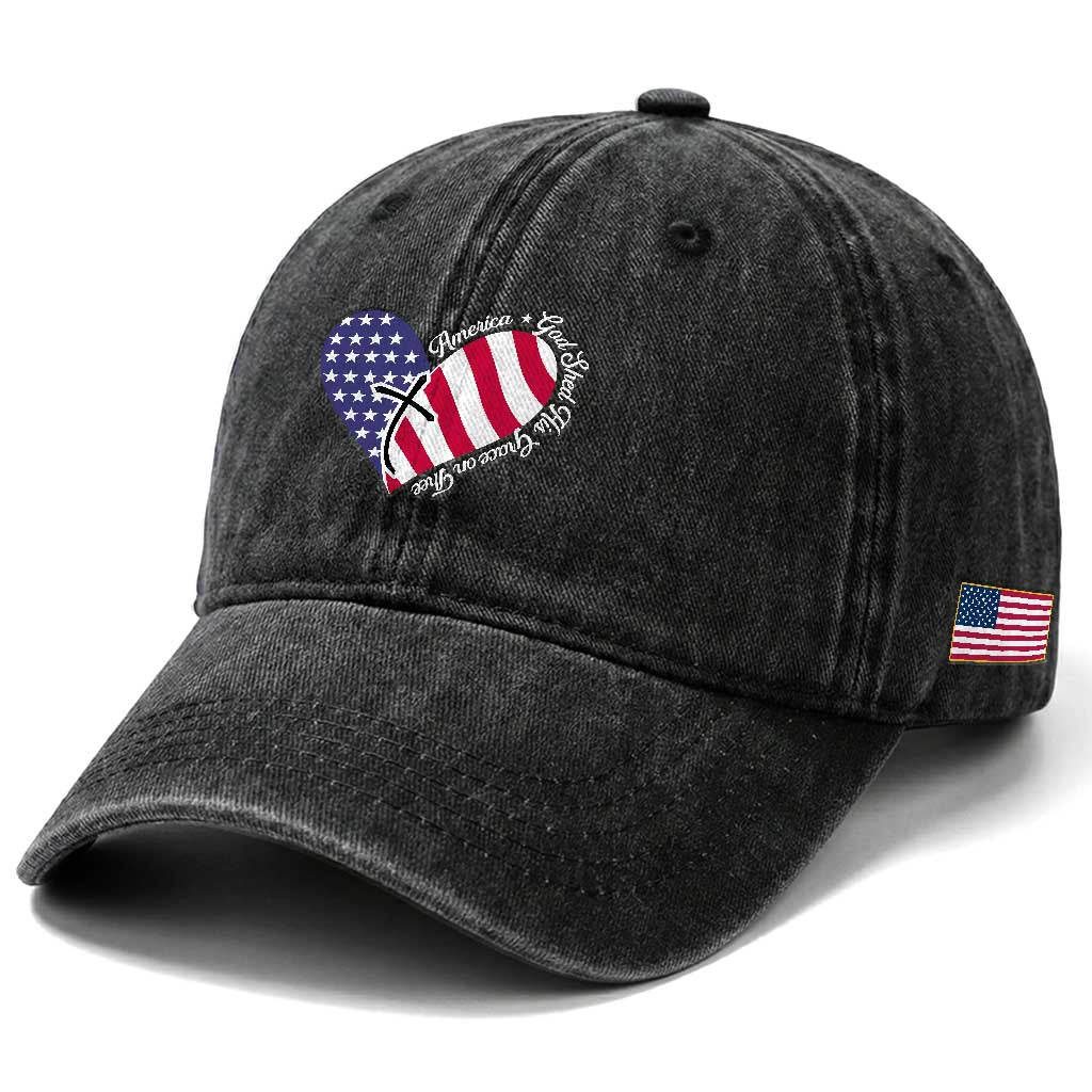 America God Shed His Grace on Thee 4th of July Washed Cotton Baseball Cap Patriotic American Flag Cross