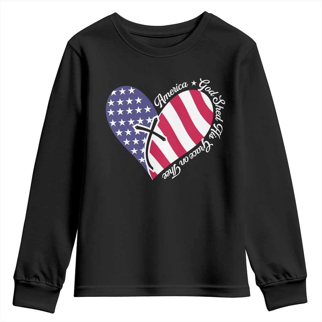 America God Shed His Grace on Thee 4th of July Youth Sweatshirt Patriotic American Flag Cross - Wonder Print Shop