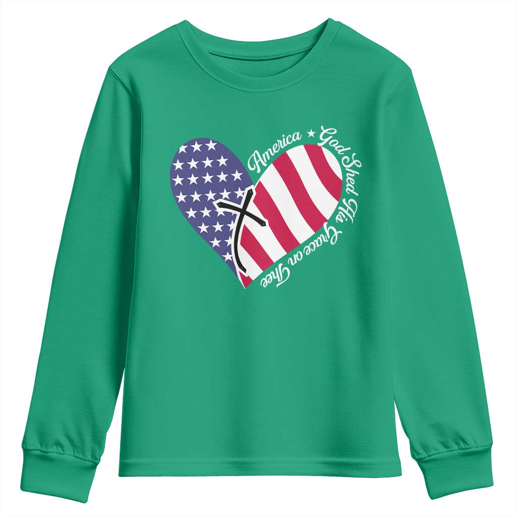 America God Shed His Grace on Thee 4th of July Youth Sweatshirt Patriotic American Flag Cross - Wonder Print Shop