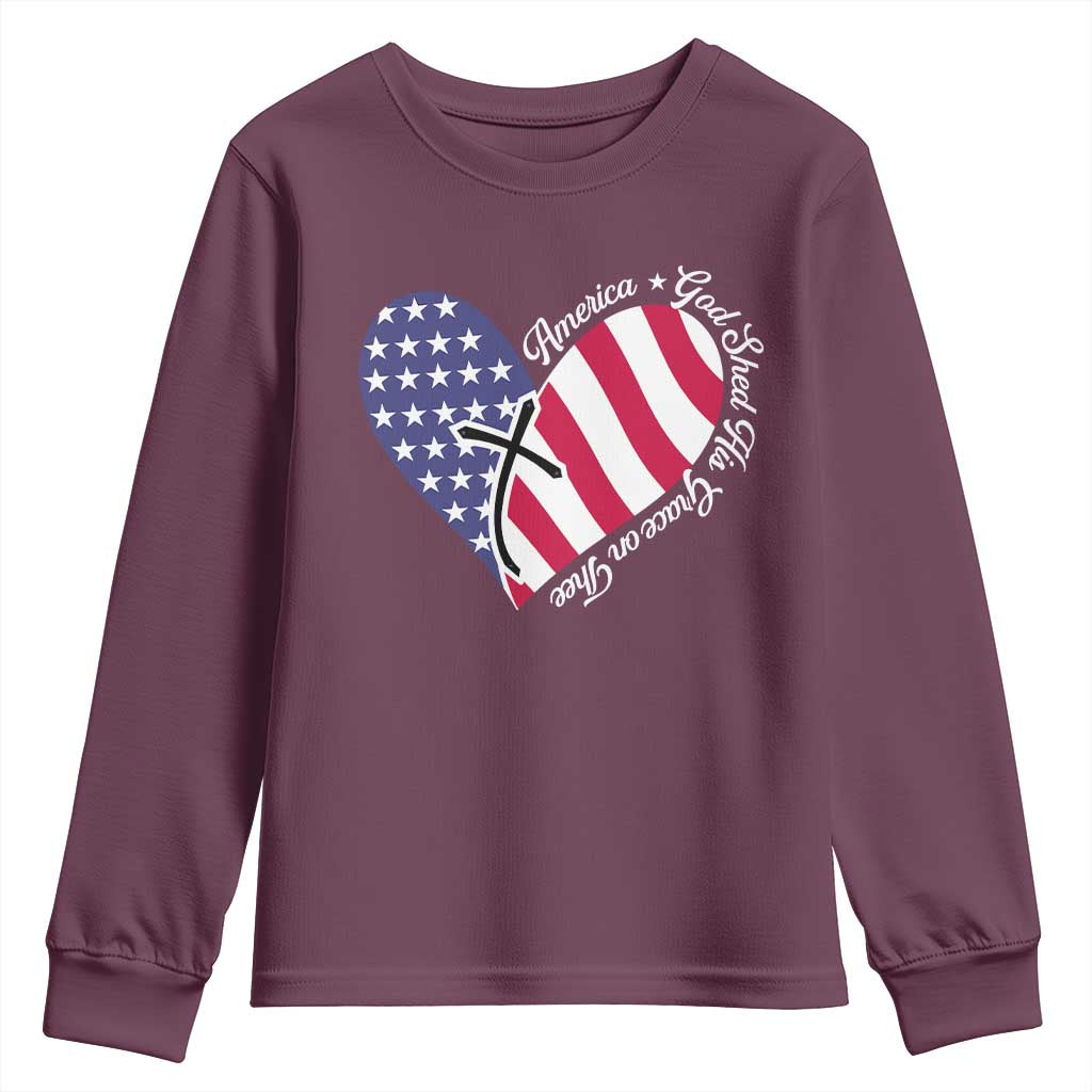 America God Shed His Grace on Thee 4th of July Youth Sweatshirt Patriotic American Flag Cross - Wonder Print Shop