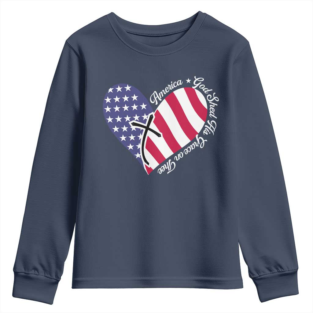 America God Shed His Grace on Thee 4th of July Youth Sweatshirt Patriotic American Flag Cross - Wonder Print Shop