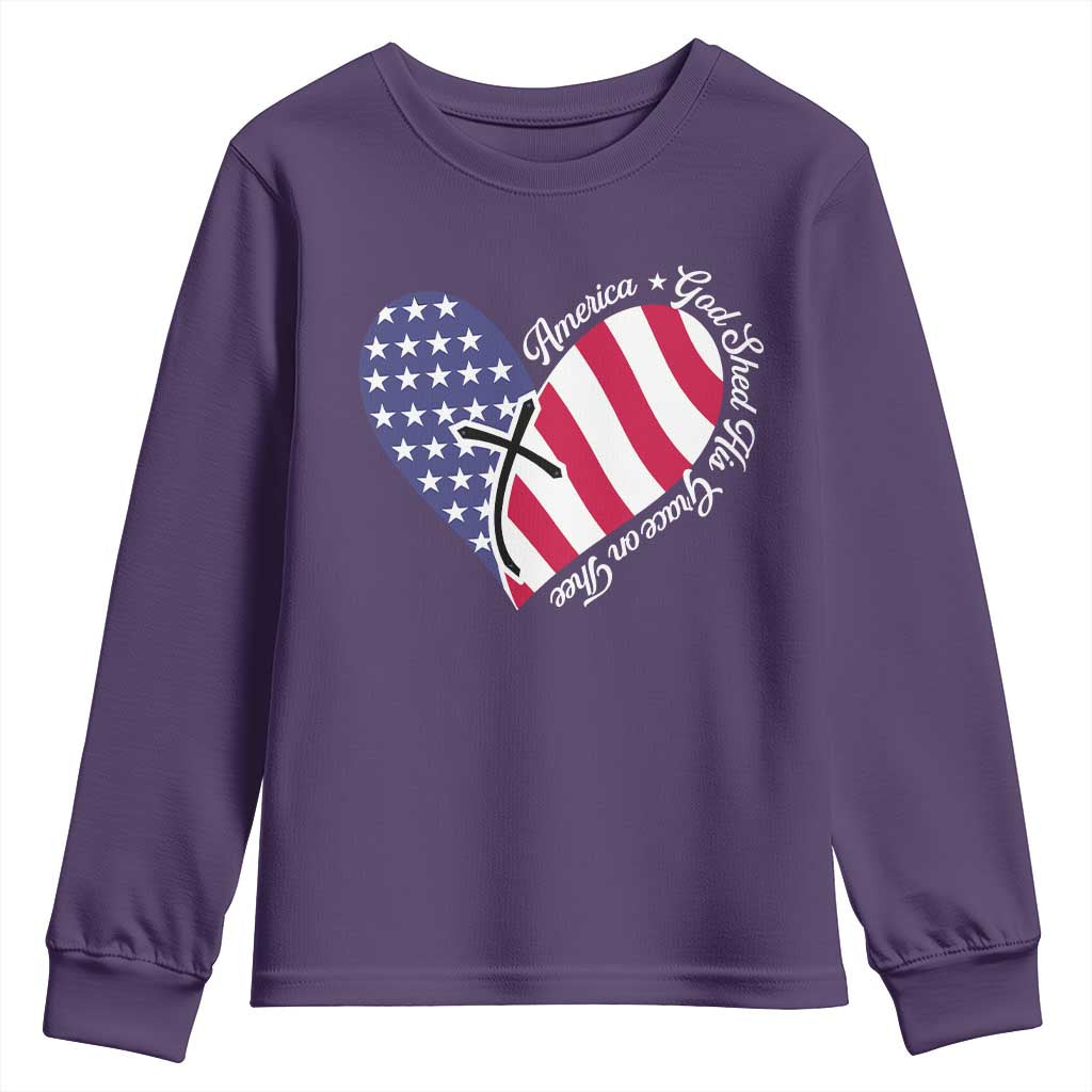 America God Shed His Grace on Thee 4th of July Youth Sweatshirt Patriotic American Flag Cross - Wonder Print Shop
