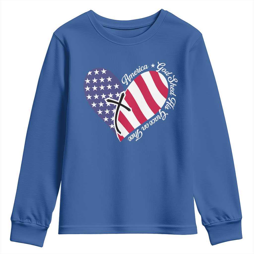 America God Shed His Grace on Thee 4th of July Youth Sweatshirt Patriotic American Flag Cross - Wonder Print Shop