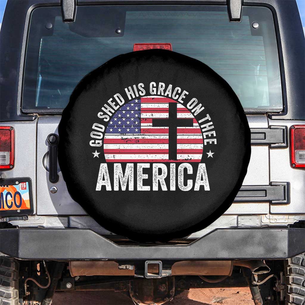 God Shed His Grace On Thee Spare Tire Cover Vintage Patriotic Christian USA Flag Cross - Wonder Print Shop