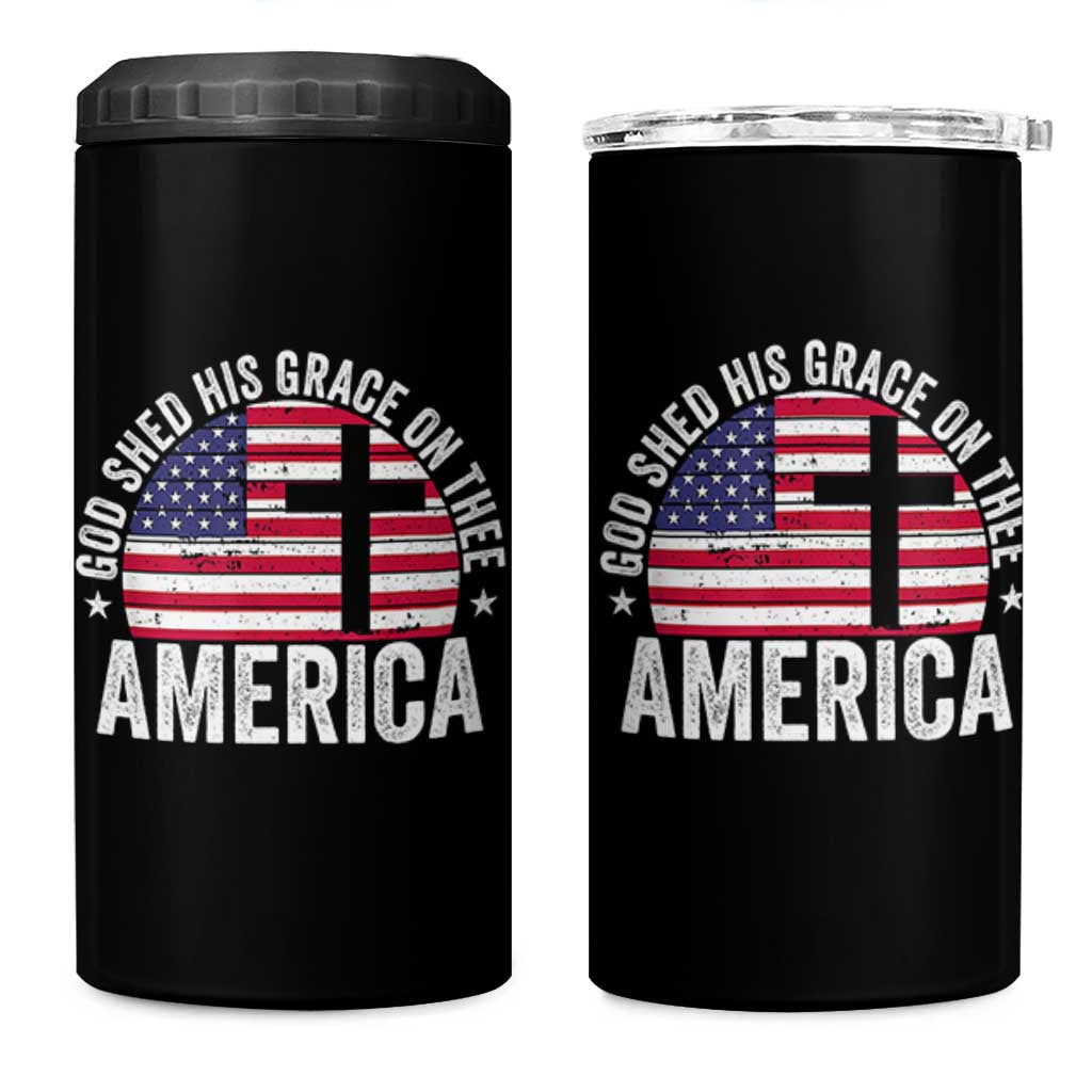God Shed His Grace On Thee 4 in 1 Can Cooler Tumbler Vintage Patriotic Christian USA Flag Cross - Wonder Print Shop