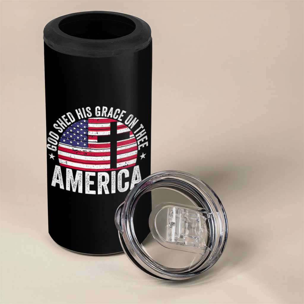 God Shed His Grace On Thee 4 in 1 Can Cooler Tumbler Vintage Patriotic Christian USA Flag Cross - Wonder Print Shop