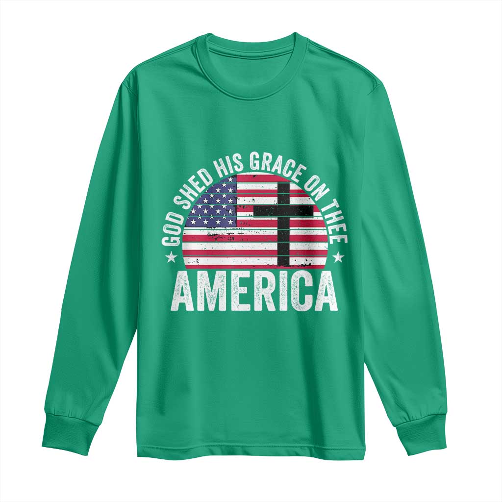 God Shed His Grace On Thee Long Sleeve Shirt Vintage Patriotic Christian USA Flag Cross - Wonder Print Shop