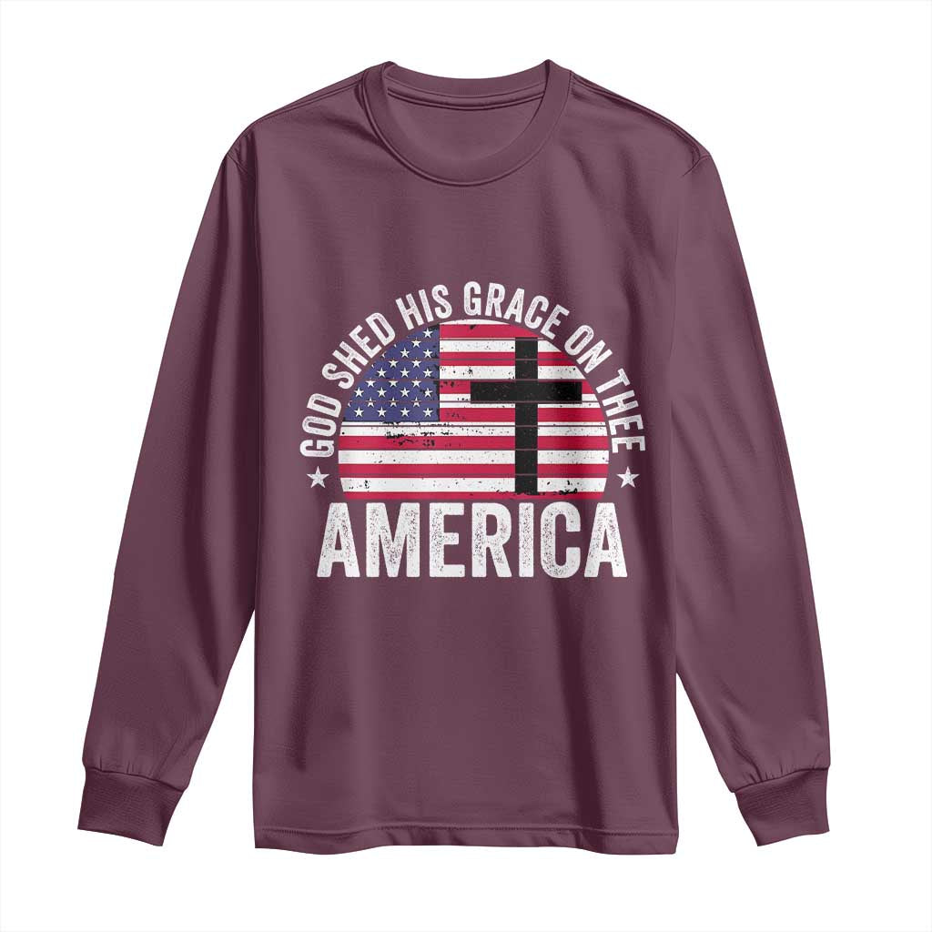 God Shed His Grace On Thee Long Sleeve Shirt Vintage Patriotic Christian USA Flag Cross - Wonder Print Shop