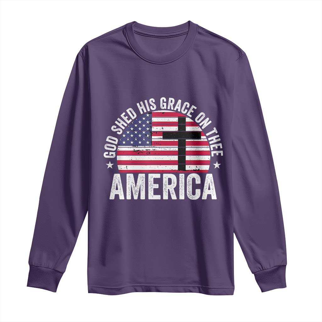 God Shed His Grace On Thee Long Sleeve Shirt Vintage Patriotic Christian USA Flag Cross - Wonder Print Shop