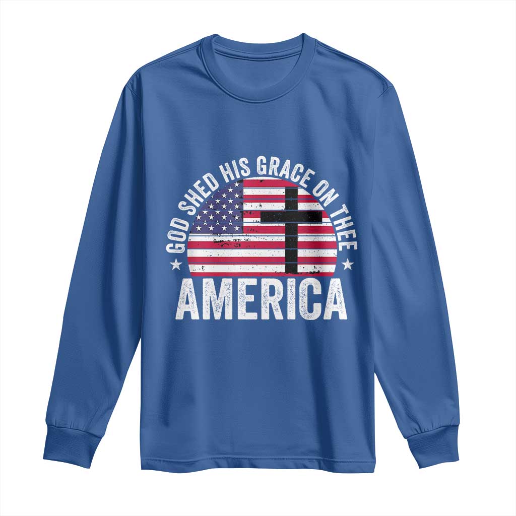 God Shed His Grace On Thee Long Sleeve Shirt Vintage Patriotic Christian USA Flag Cross - Wonder Print Shop