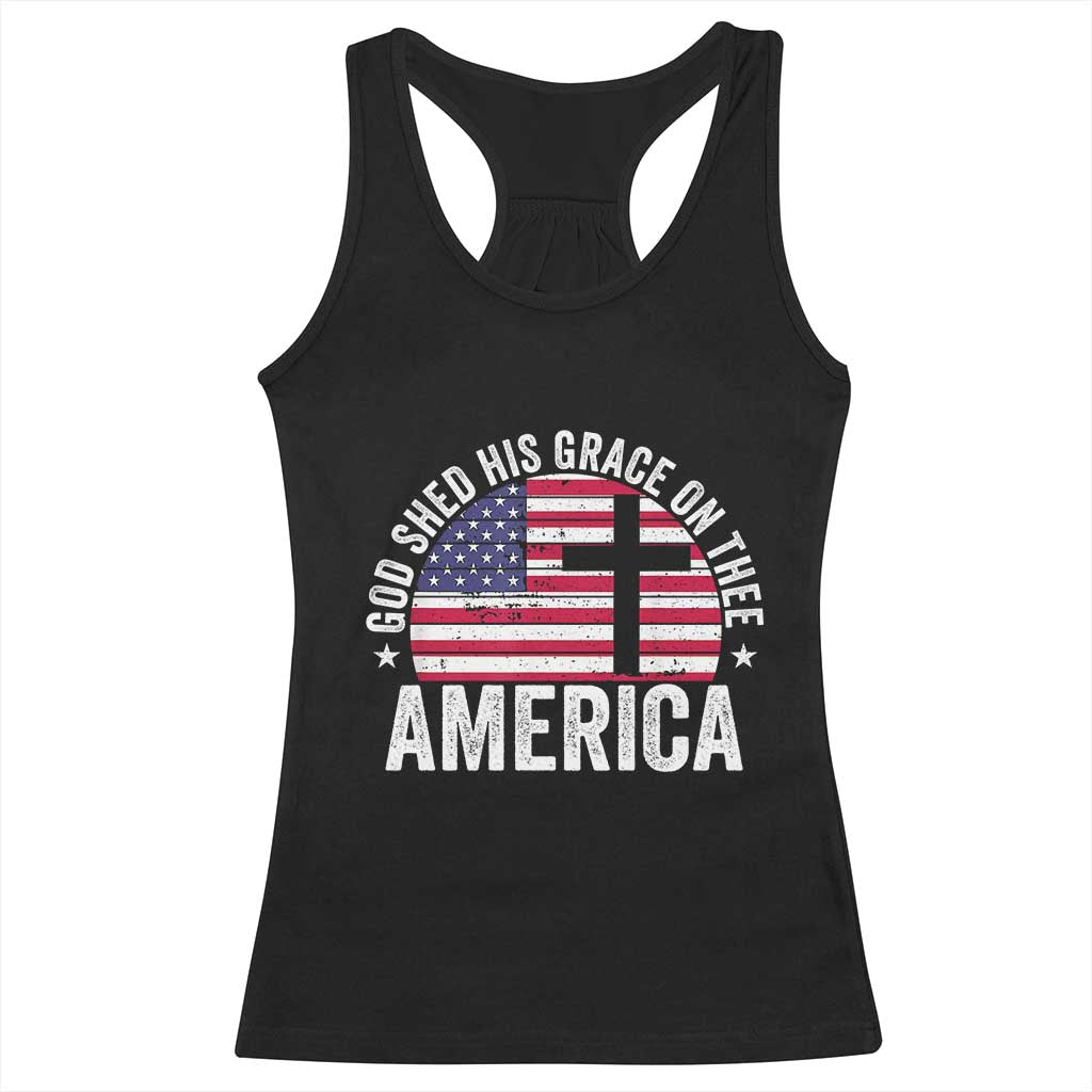 God Shed His Grace On Thee Racerback Tank Top Vintage Patriotic Christian USA Flag Cross - Wonder Print Shop