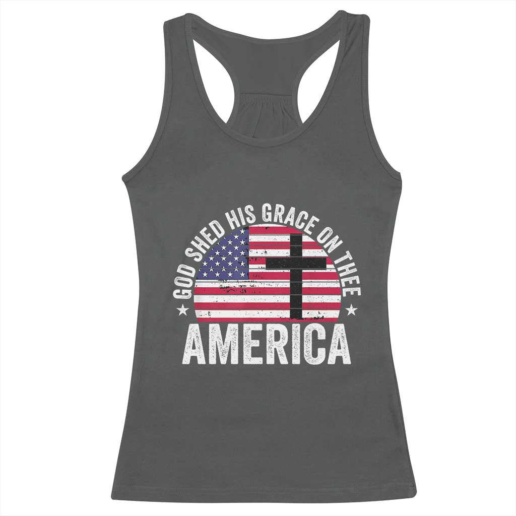 God Shed His Grace On Thee Racerback Tank Top Vintage Patriotic Christian USA Flag Cross - Wonder Print Shop
