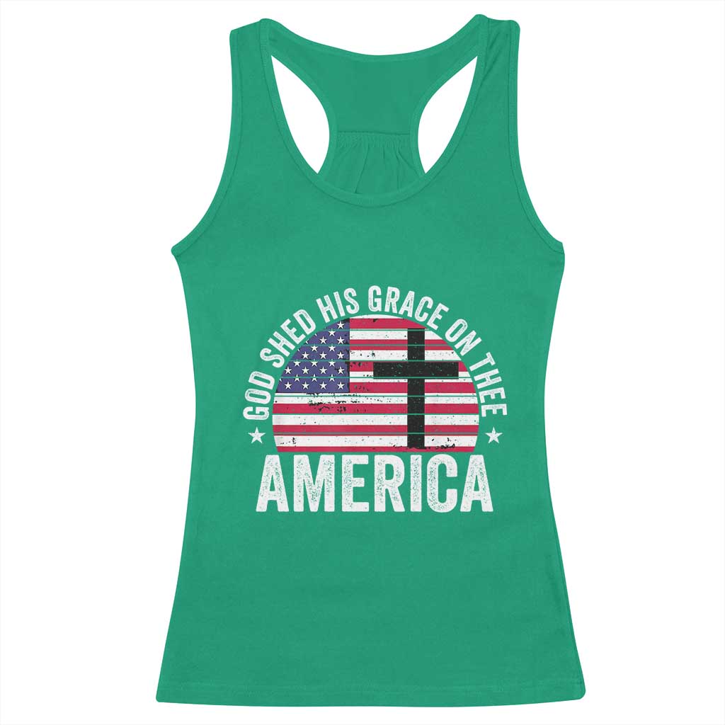 God Shed His Grace On Thee Racerback Tank Top Vintage Patriotic Christian USA Flag Cross - Wonder Print Shop