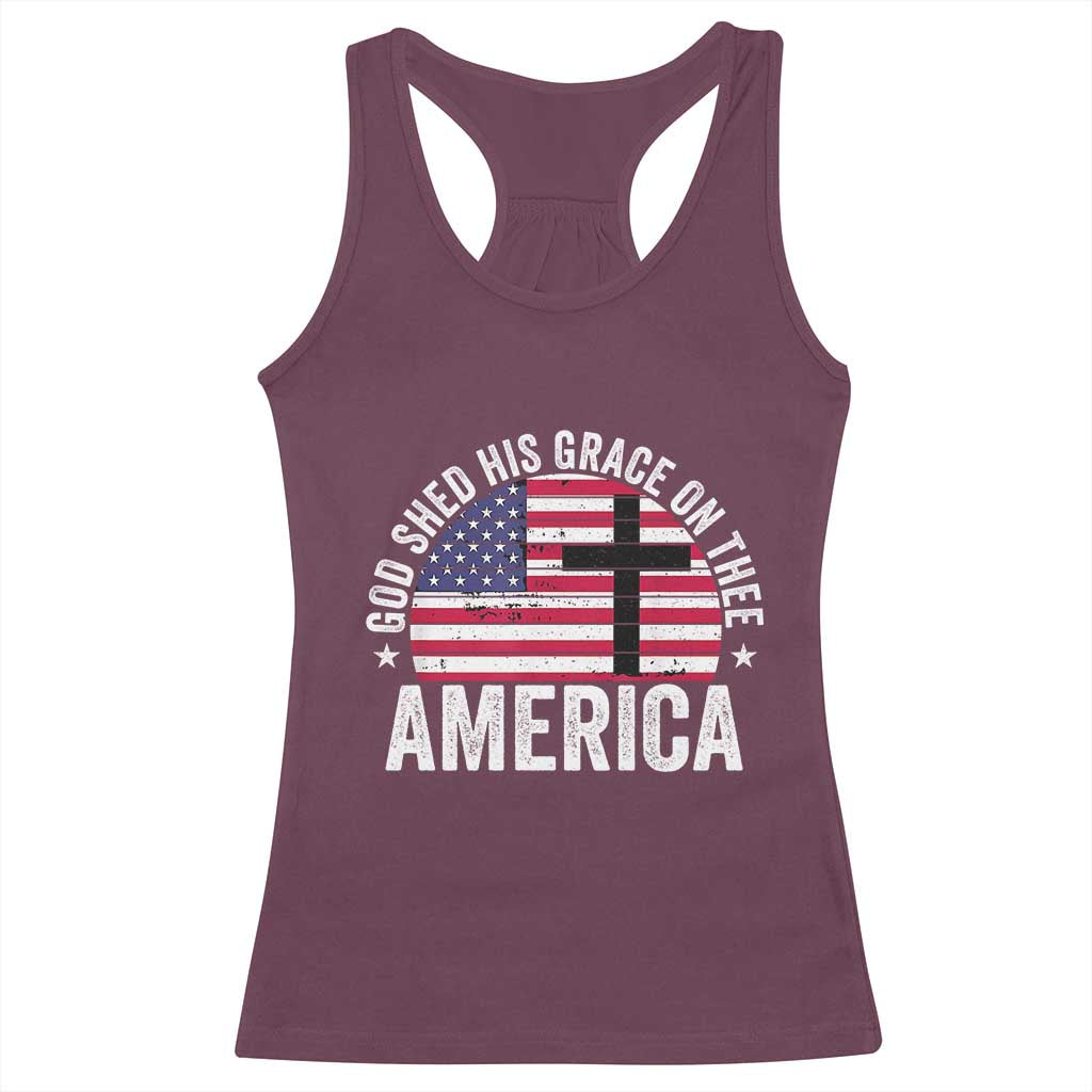 God Shed His Grace On Thee Racerback Tank Top Vintage Patriotic Christian USA Flag Cross - Wonder Print Shop