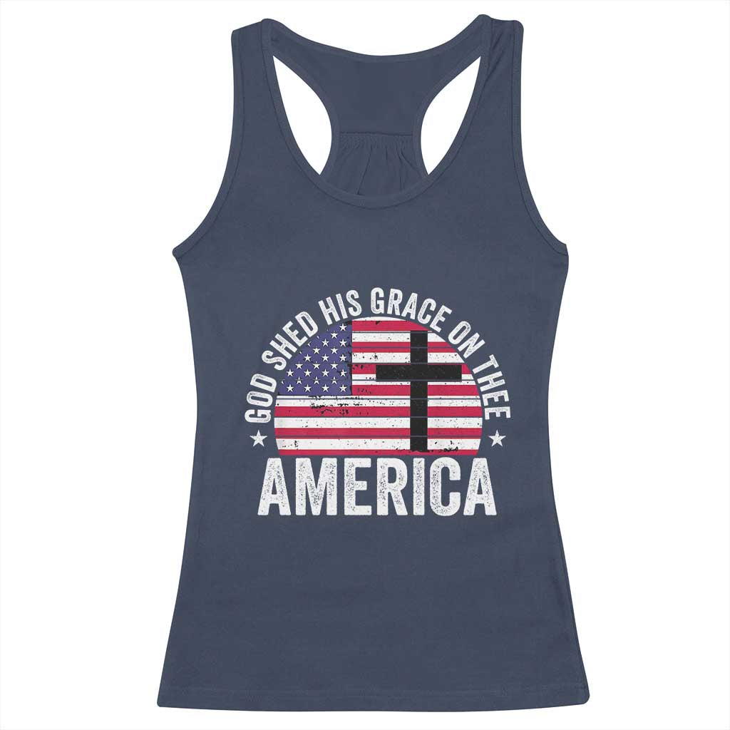 God Shed His Grace On Thee Racerback Tank Top Vintage Patriotic Christian USA Flag Cross - Wonder Print Shop