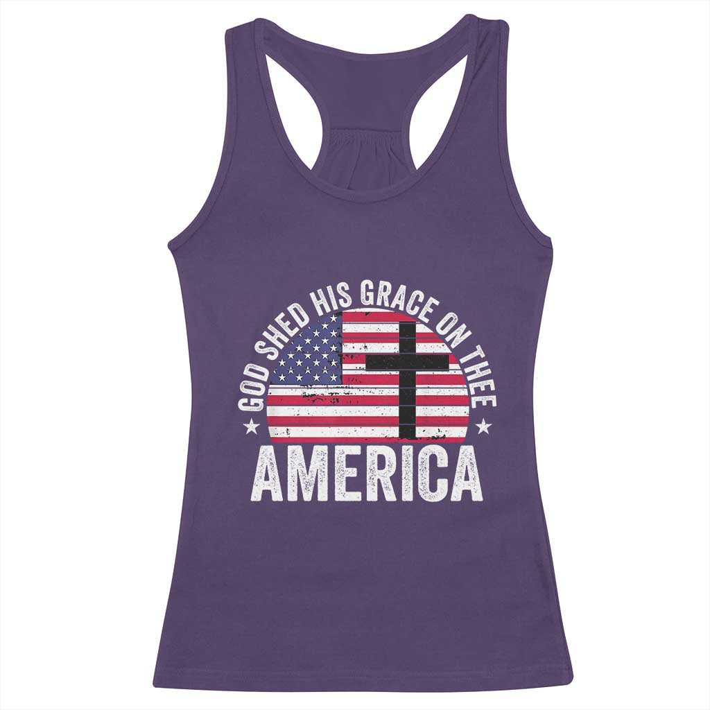 God Shed His Grace On Thee Racerback Tank Top Vintage Patriotic Christian USA Flag Cross - Wonder Print Shop
