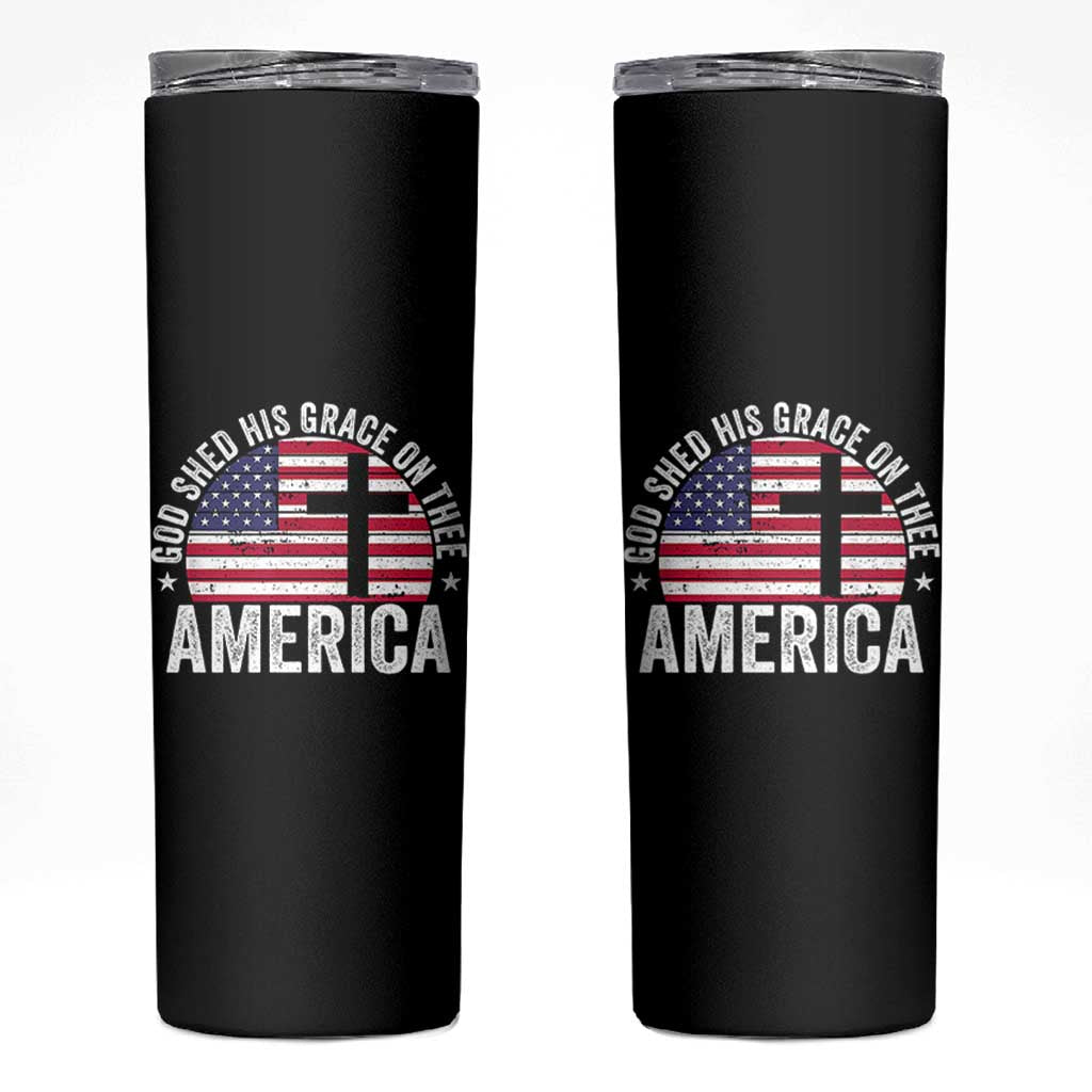 God Shed His Grace On Thee Skinny Tumbler Vintage Patriotic Christian USA Flag Cross - Wonder Print Shop