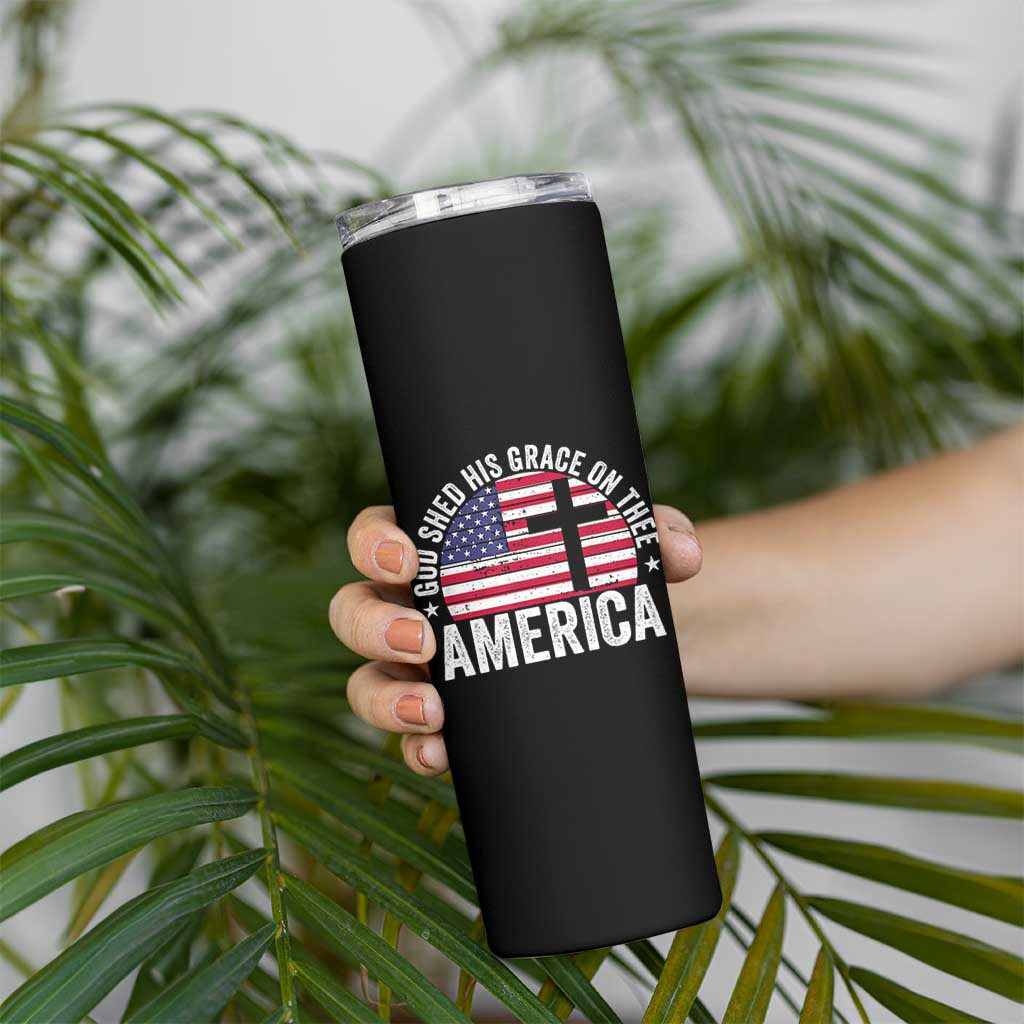 God Shed His Grace On Thee Skinny Tumbler Vintage Patriotic Christian USA Flag Cross - Wonder Print Shop