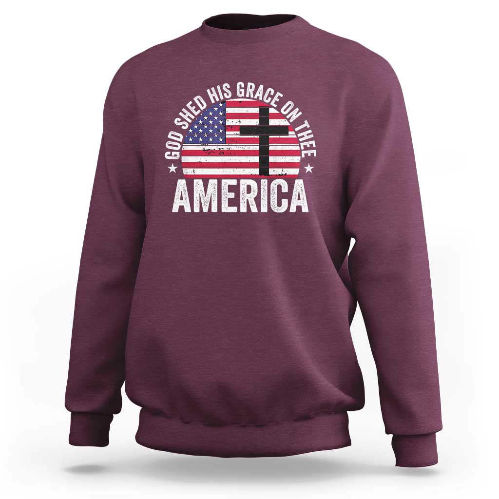 God Shed His Grace On Thee Sweatshirt Vintage Patriotic Christian USA Flag Cross - Wonder Print Shop