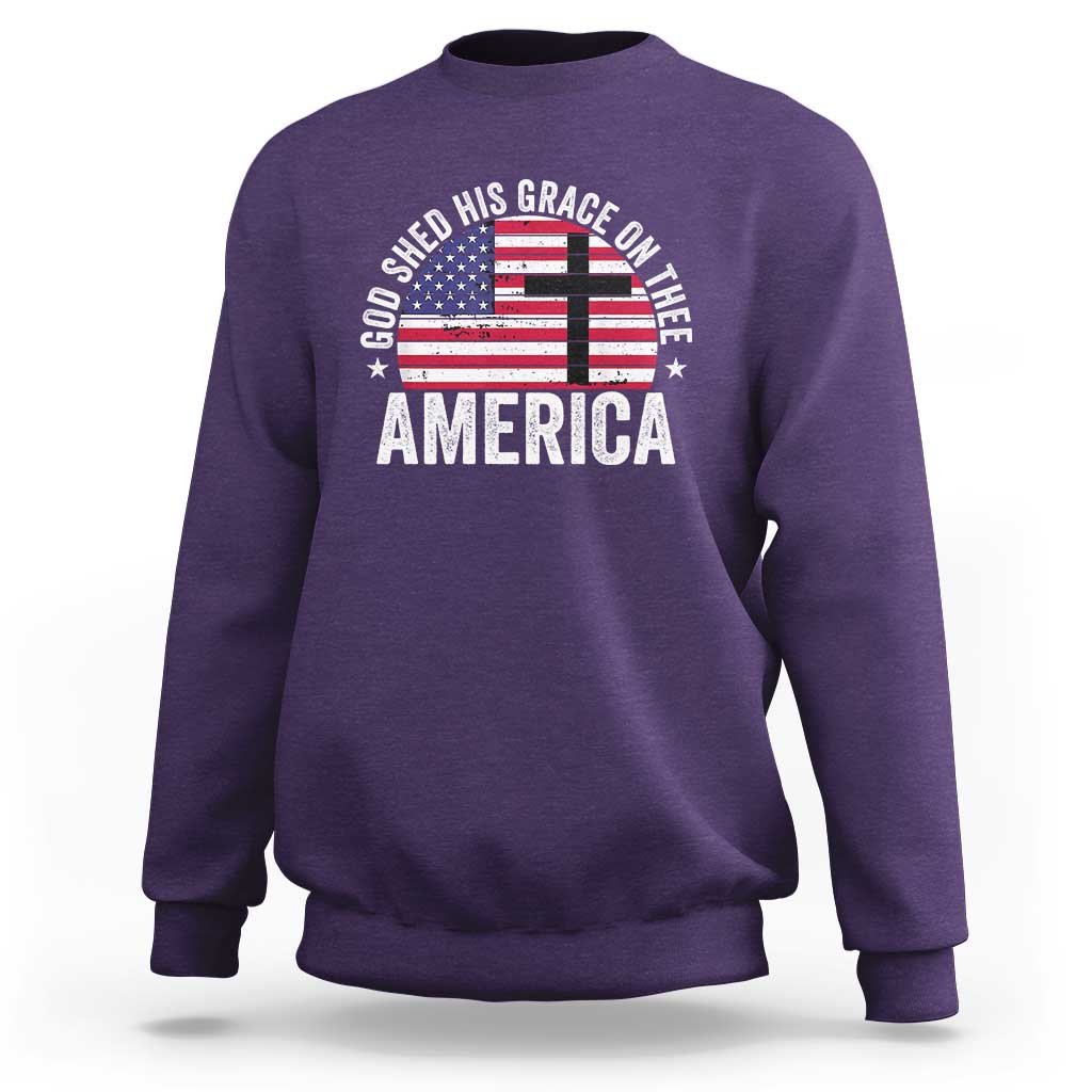 God Shed His Grace On Thee Sweatshirt Vintage Patriotic Christian USA Flag Cross - Wonder Print Shop