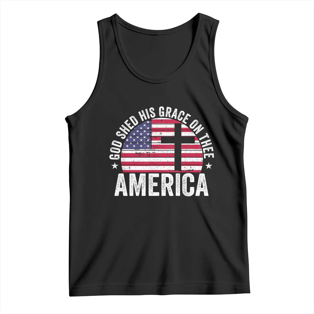 God Shed His Grace On Thee Tank Top Vintage Patriotic Christian USA Flag Cross - Wonder Print Shop