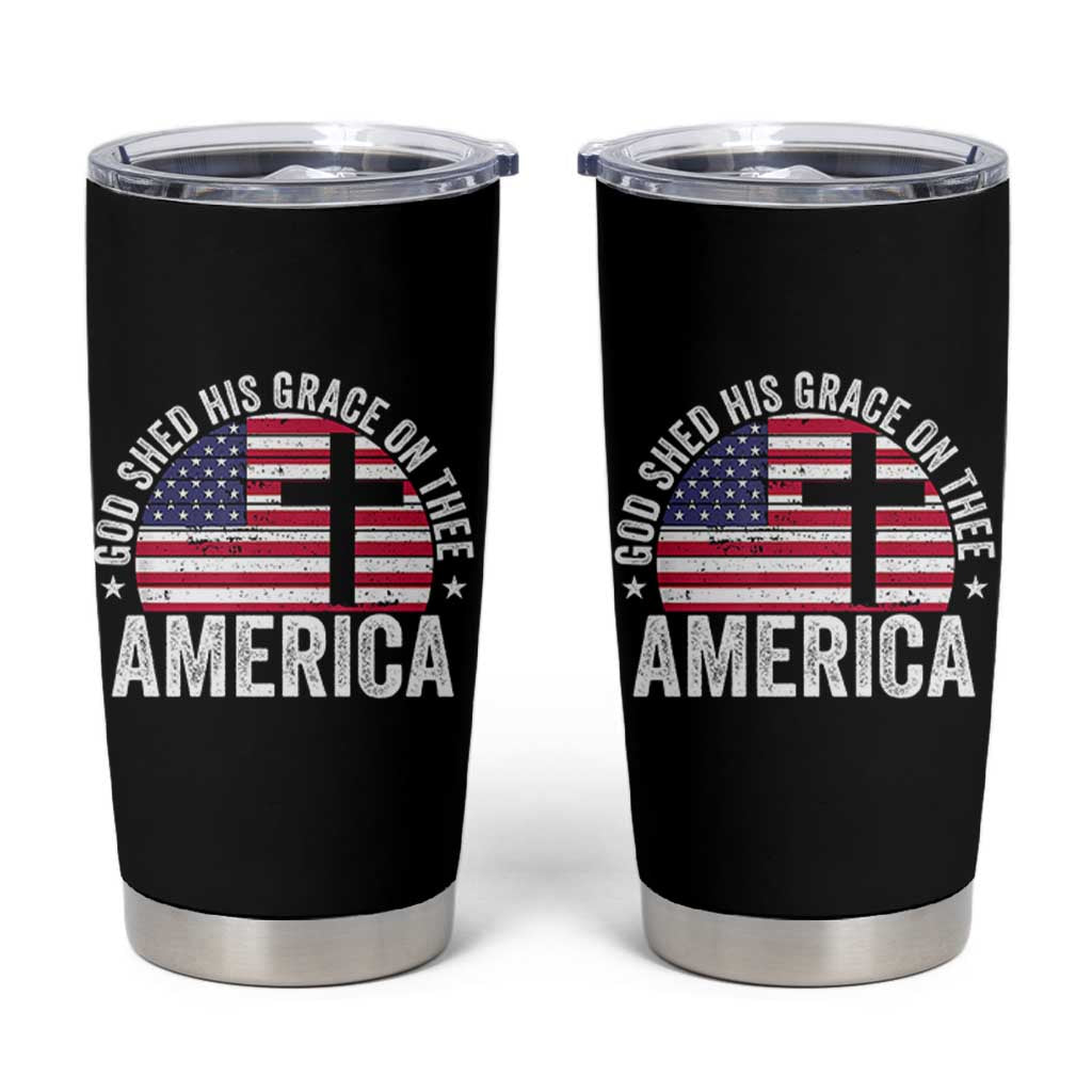 God Shed His Grace On Thee Tumbler Cup Vintage Patriotic Christian USA Flag Cross - Wonder Print Shop