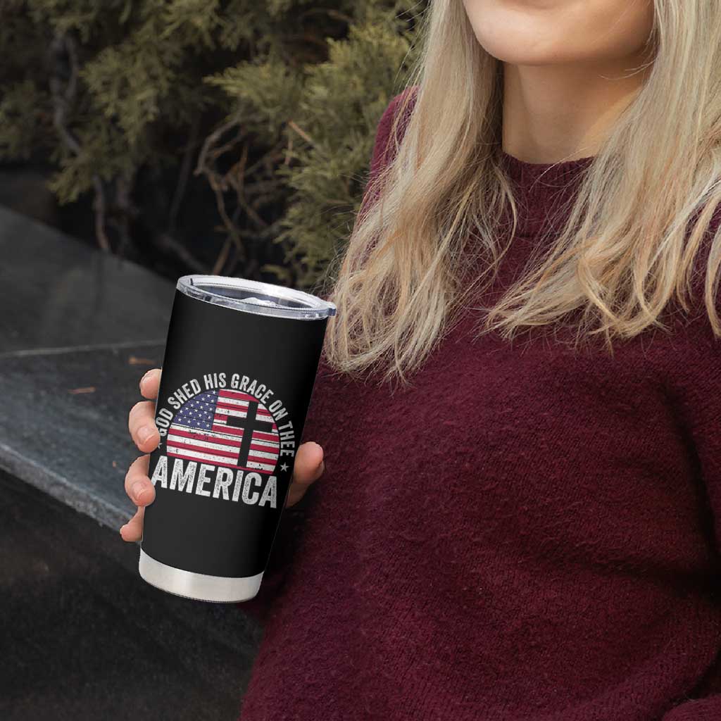 God Shed His Grace On Thee Tumbler Cup Vintage Patriotic Christian USA Flag Cross - Wonder Print Shop