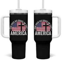 God Shed His Grace On Thee Tumbler With Handle Vintage Patriotic Christian USA Flag Cross - Wonder Print Shop