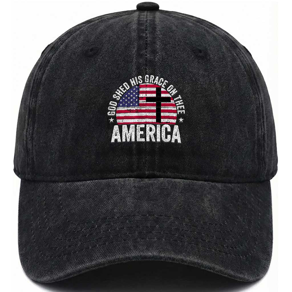 God Shed His Grace On Thee Washed Cotton Baseball Cap Vintage Patriotic Christian USA Flag Cross