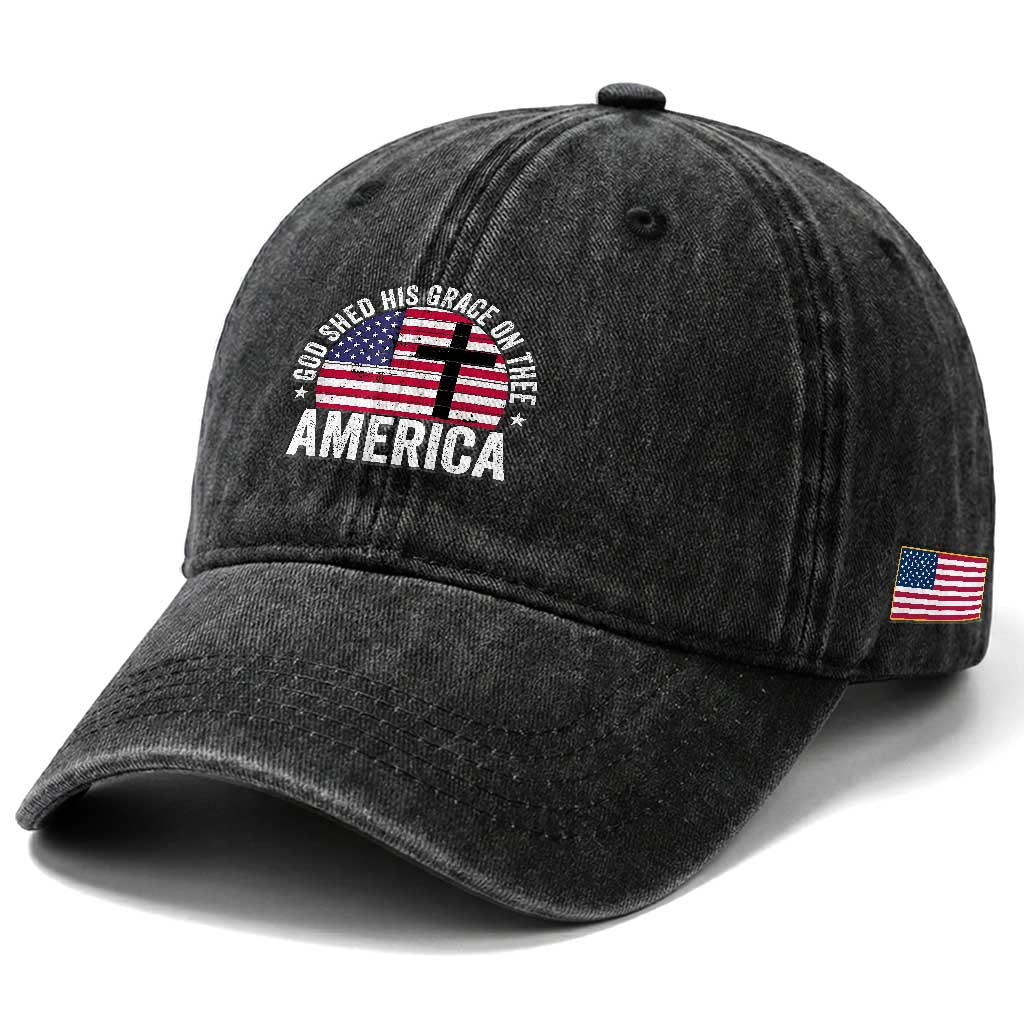 God Shed His Grace On Thee Washed Cotton Baseball Cap Vintage Patriotic Christian USA Flag Cross