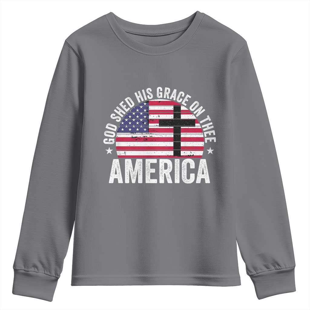God Shed His Grace On Thee Youth Sweatshirt Vintage Patriotic Christian USA Flag Cross - Wonder Print Shop