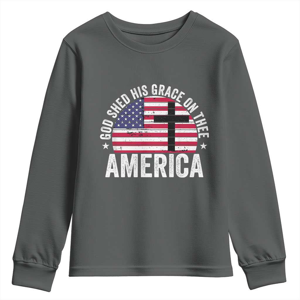 God Shed His Grace On Thee Youth Sweatshirt Vintage Patriotic Christian USA Flag Cross - Wonder Print Shop