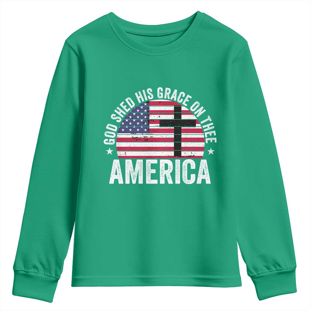 God Shed His Grace On Thee Youth Sweatshirt Vintage Patriotic Christian USA Flag Cross - Wonder Print Shop