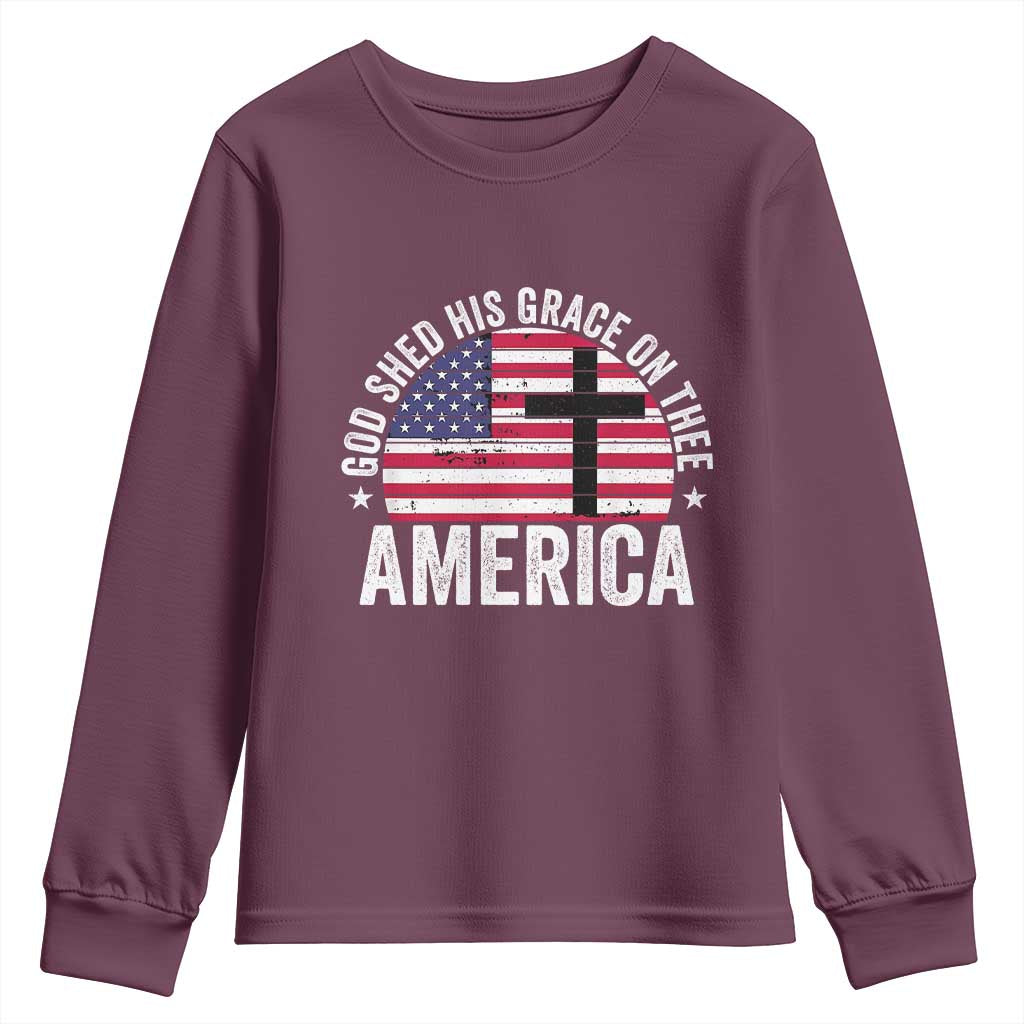 God Shed His Grace On Thee Youth Sweatshirt Vintage Patriotic Christian USA Flag Cross - Wonder Print Shop