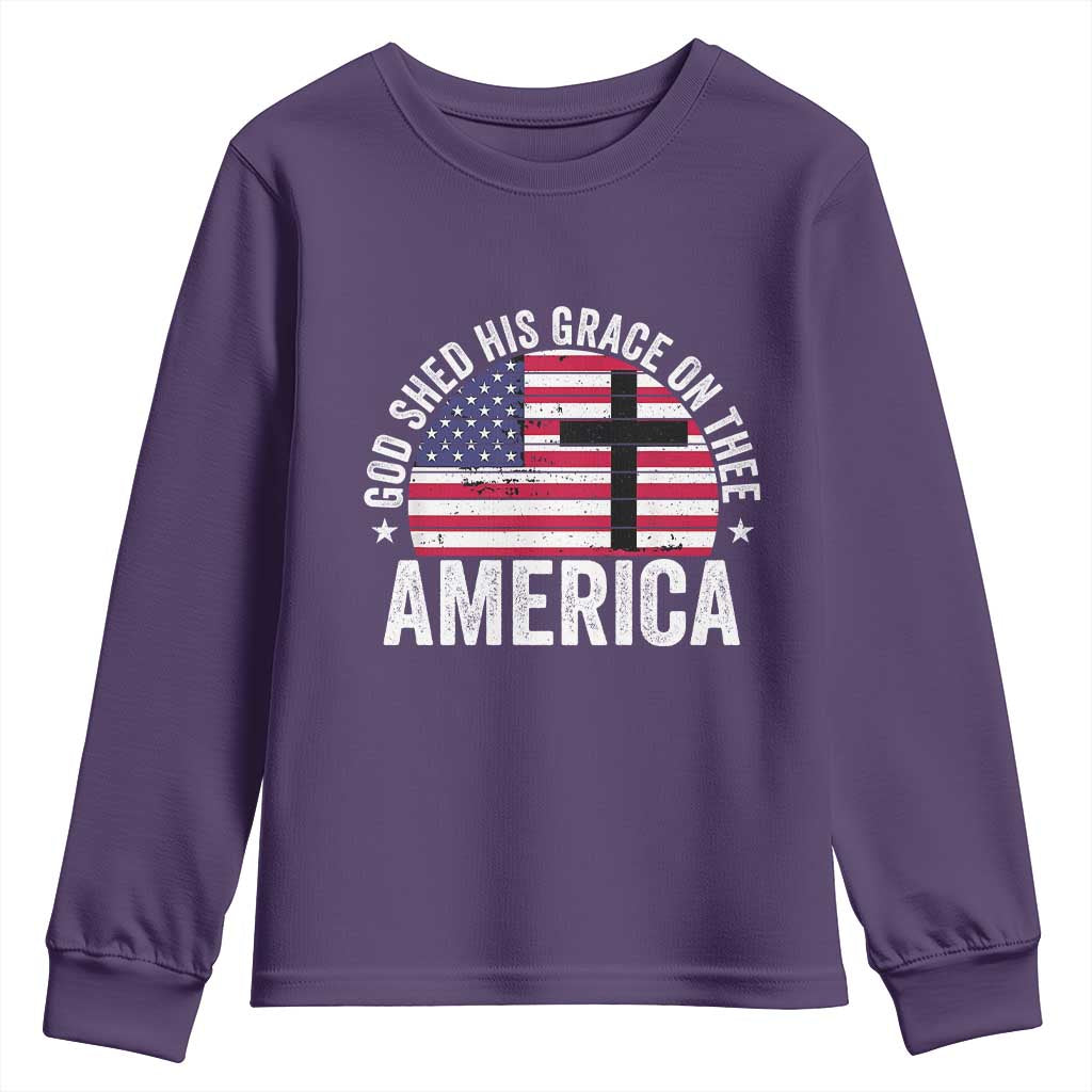 God Shed His Grace On Thee Youth Sweatshirt Vintage Patriotic Christian USA Flag Cross - Wonder Print Shop