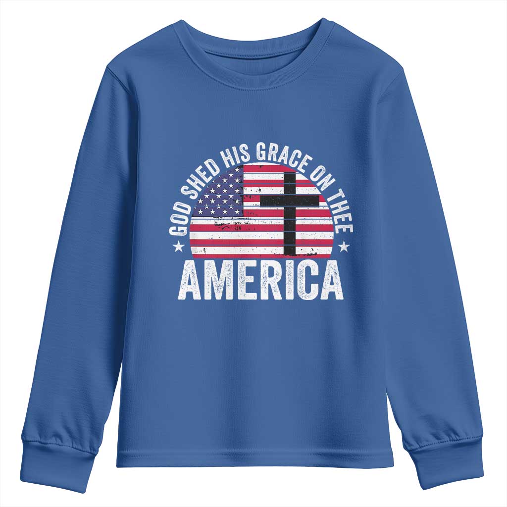 God Shed His Grace On Thee Youth Sweatshirt Vintage Patriotic Christian USA Flag Cross - Wonder Print Shop