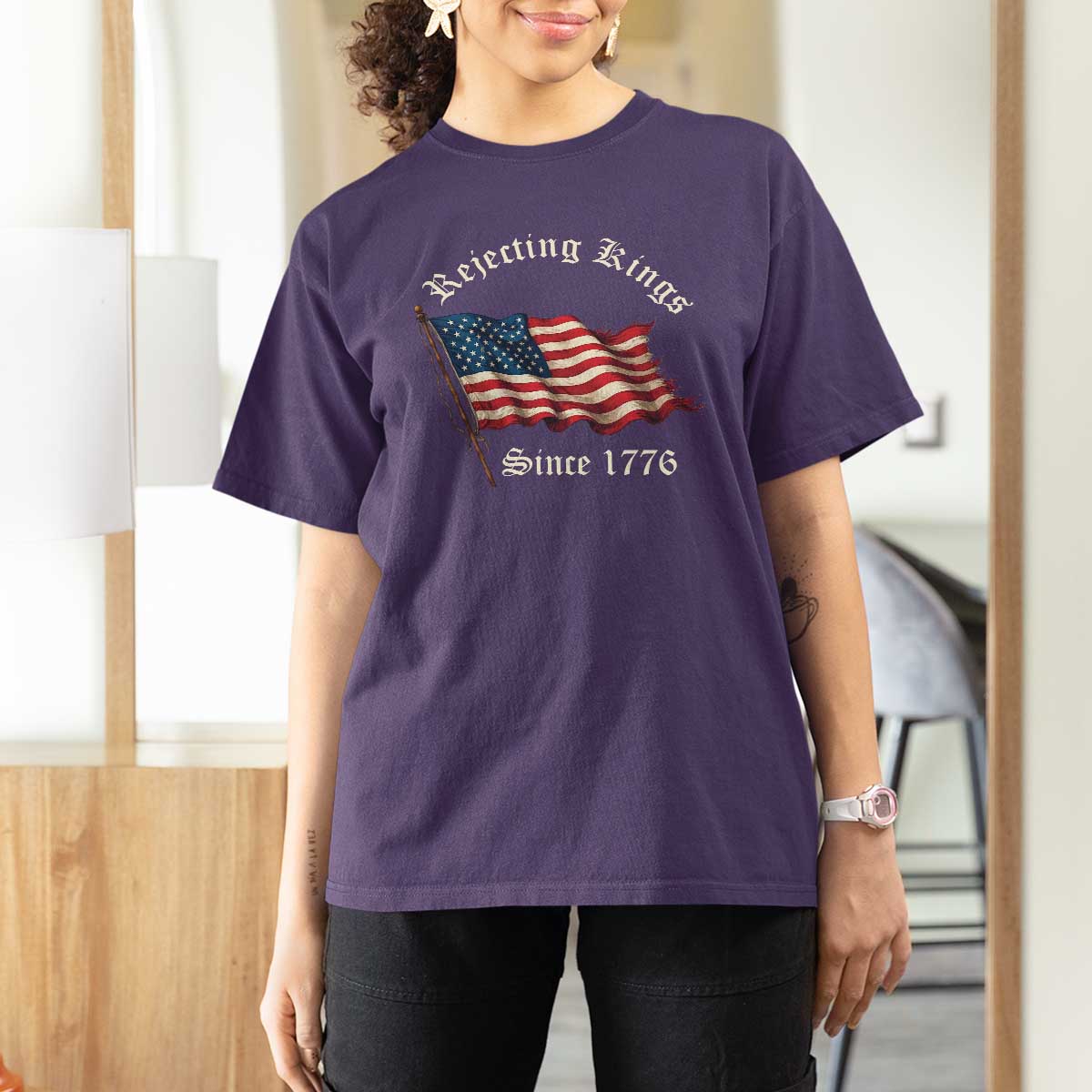 Rejecting Kings T Shirt For Women Since 1776 No Kings In America Retro US Flag