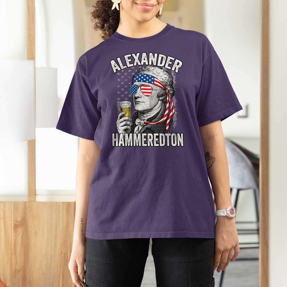 Funny Hamilton Drinking T Shirt For Women Alexander Hammeredton 4th of July Beer Merica Flag - Wonder Print Shop