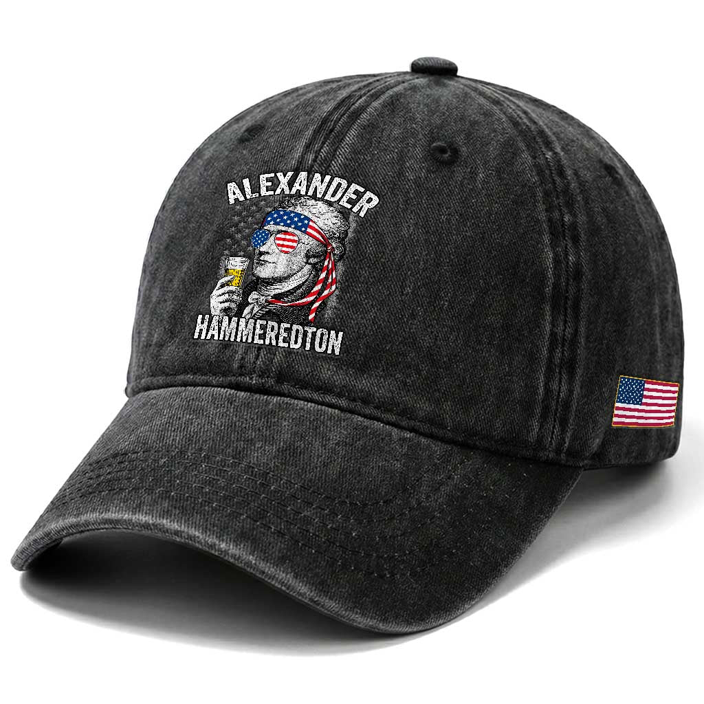 Funny Hamilton Drinking Washed Cotton Baseball Cap Alexander Hammeredton 4th of July Beer Merica Flag
