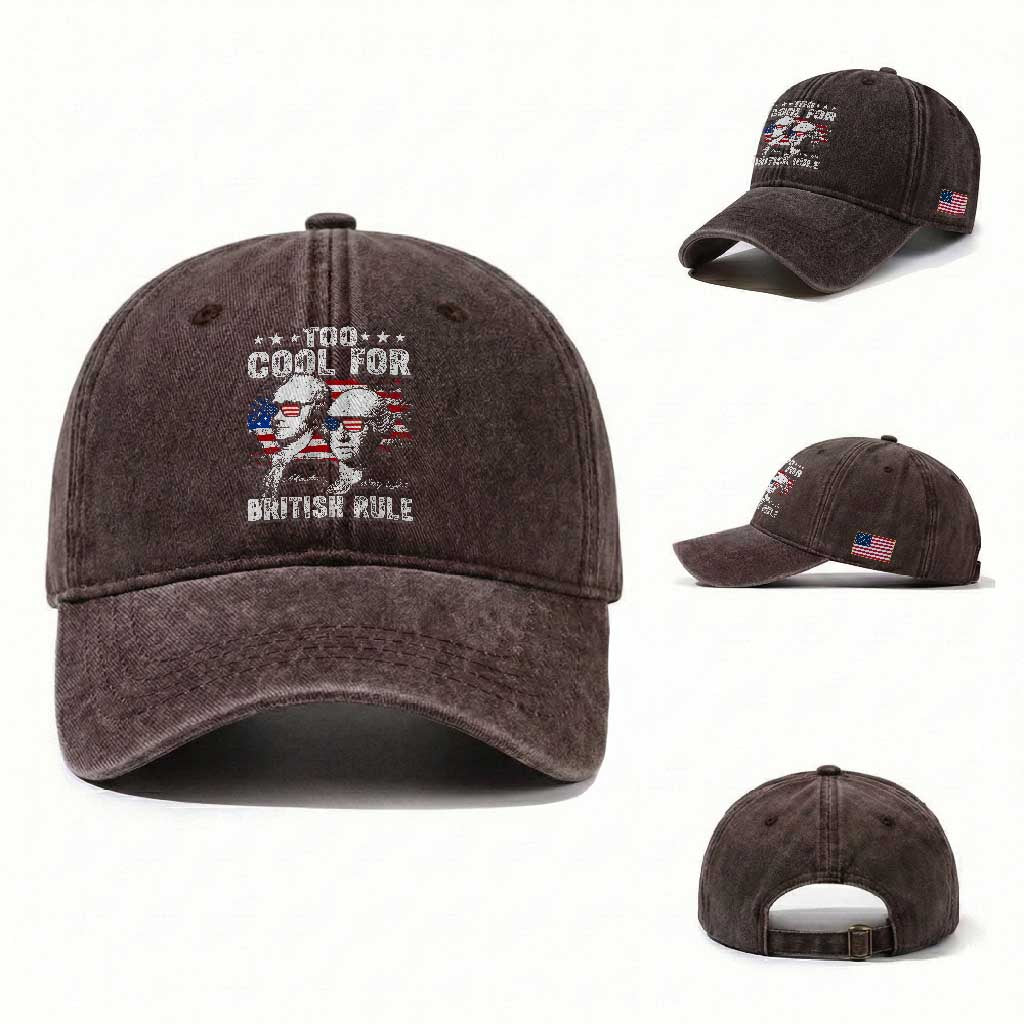Too Cool For British Rule Washed Cotton Baseball Cap USA American Flag 4th of July