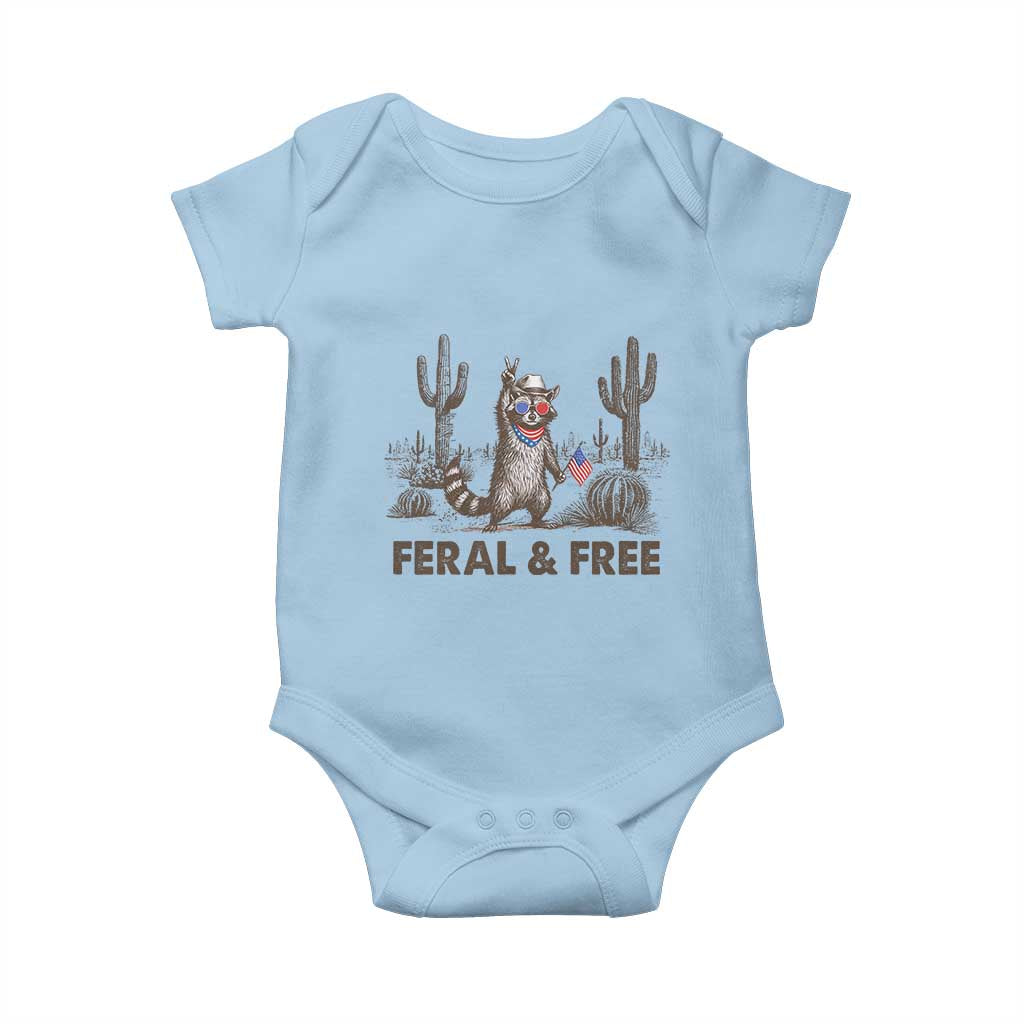 Feral & Free Raccoon Baby Onesie Funny 4th of July Cowboy Meme Retro Independence Day - Wonder Print Shop