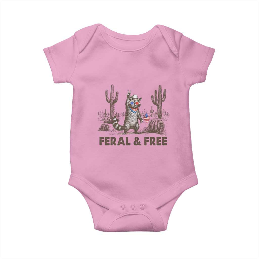 Feral & Free Raccoon Baby Onesie Funny 4th of July Cowboy Meme Retro Independence Day - Wonder Print Shop
